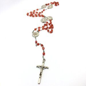 VINTAGE CATHOLIC ROSARY Pope John Paul II Red Faceted Beads Crucifix Necklace